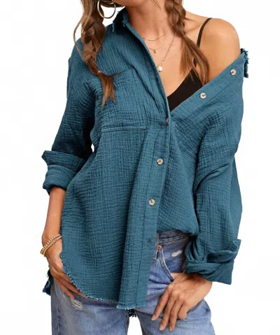 La Miel Soft Washed Crinkled Cotton Button-down Western Shirt In Teal Green