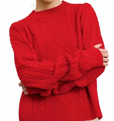 La Miel Super Soft Ribbed Crew Neck Cable Knit Sweater In Candy Cane In Red