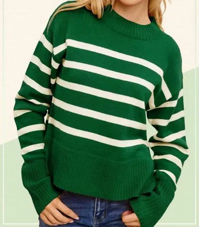 La Miel Super Soft Striped Mock Neck Loose Fit Sweater In Pine Tree In Green