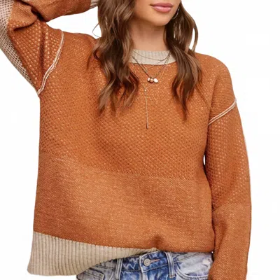 La Miel Loose-fit Color Block Textured Round Neck Western Sweater In Baked Ginger In Orange