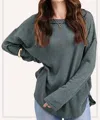 La Miel Waffle Knit Crew Sweater In Teal In Blue