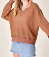 La Miel Waffle V Neck Top In Ginger In Brown