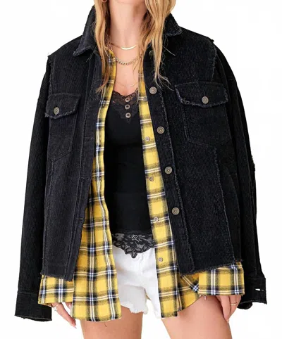 La Miel Washed Corduroy Oversized Button Down Jacket In Black