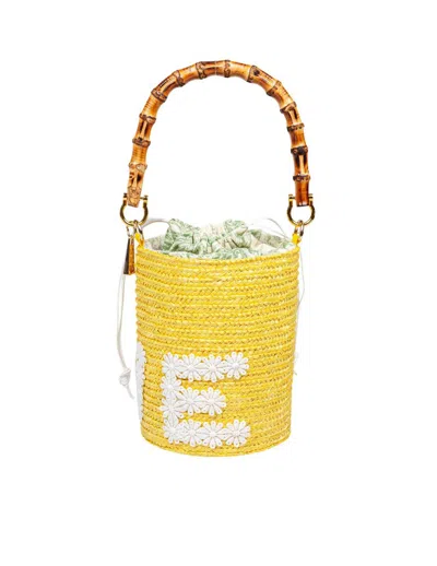 La Milanesa Bucket Bag In Woven Straw In Yellow
