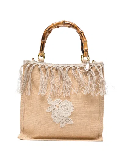 La Milanesa Flem Bamboo-handle Fringed Tote Bag In Neutral