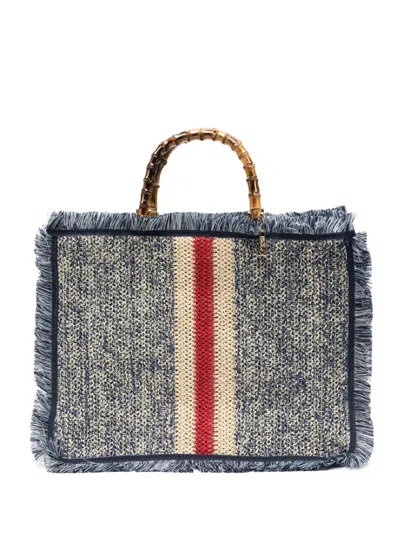 La Milanesa Large Ortensia Bamboo-handle Fringe-trim Tote Bag In Blue
