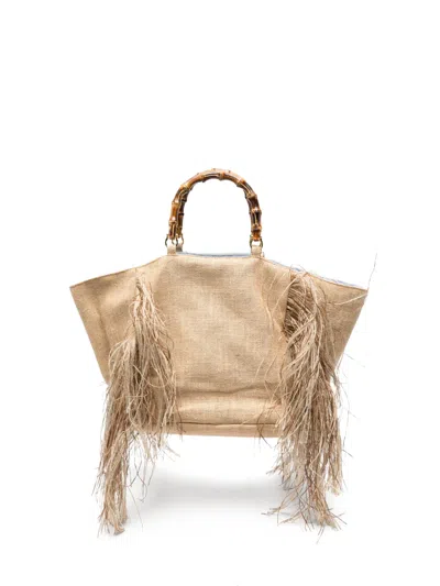 La Milanesa Large Sharon Fringe-detail Bamboo-handle Tote Bag In Neutral