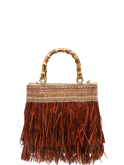 La Milanesa Medium Calla Fringe Bamboo Handle Tote Bag In Red