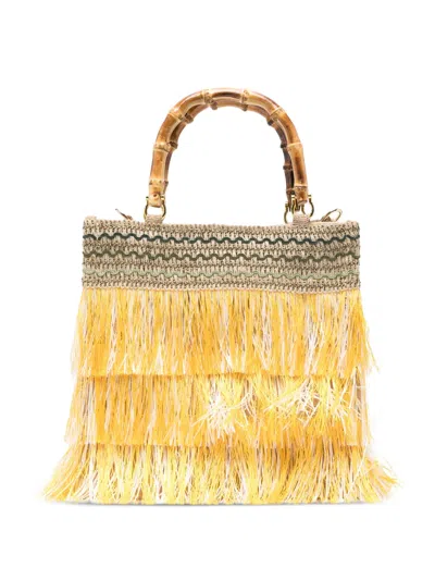 La Milanesa Medium Orchidea Fringed Bamboo-handle Tote Bag In Yellow
