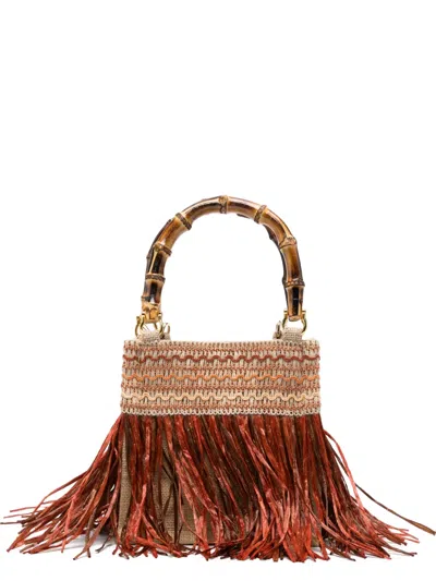 La Milanesa Small Calla Fringe Bamboo Handle Tote Bag In Brown