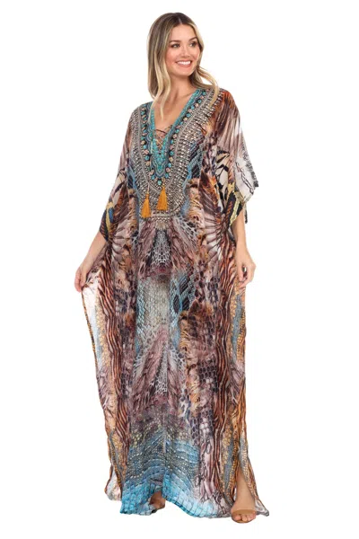 La Moda Clothing Women's Animal Print Maxi Caftan Coverup In Brown Blue Combo