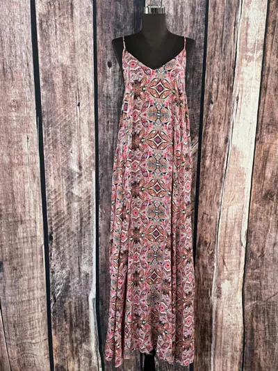 La Moda Clothing Rayon T Back Maxi Resort Wear Dress With Front Pockets In Pink In Multi