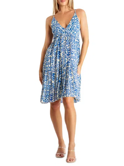 La Moda Clothing Women's Abstract V Neck Day Dress In Blue Multicolor