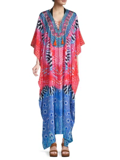 La Moda Clothing Women's Animal-print Tassel-tie Caftan Cover-up In Multi