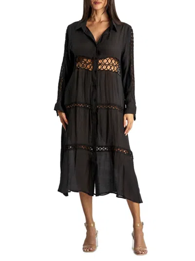 La Moda Clothing Women's Crochet Cover Up Shirt Dress In Black