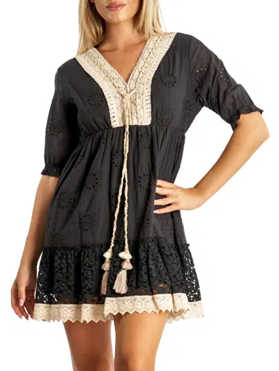 La Moda Clothing Women's Crochet Peasant Mini Dress In Black