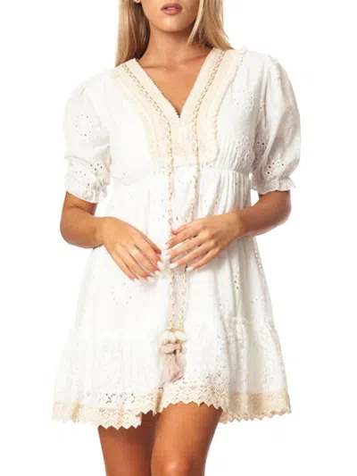 La Moda Clothing Women's Crochet Peasant Mini Dress In White