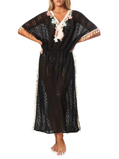 La Moda Clothing Women's Crochet Tassel Trim Cover Up Dress In Black