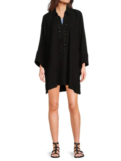 La Moda Clothing Women's Embroidred Yoke Mini Cover Up Dress In Black