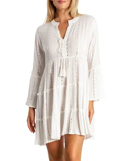 La Moda Clothing Women's Eyelet Tassel Cover Up Dress In White