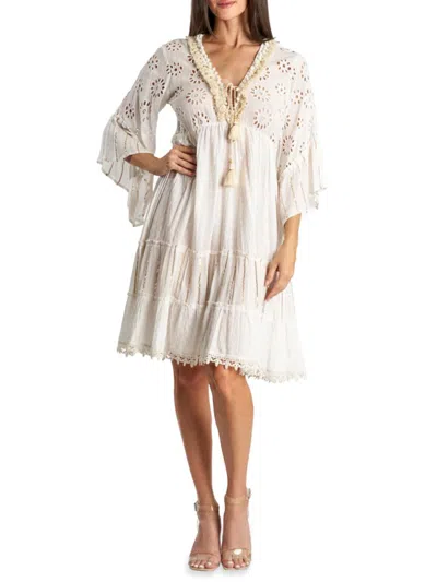 La Moda Clothing Women's Eyelet Tiered Lace Trim Dress In White