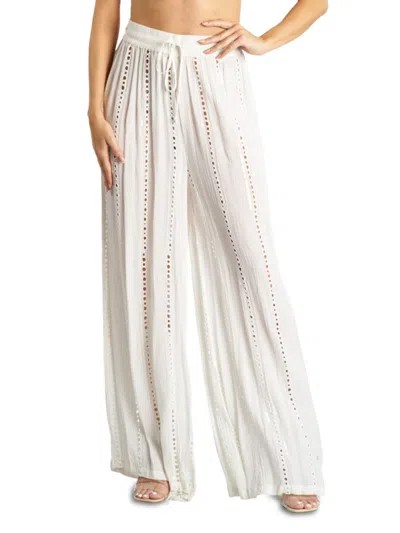 La Moda Clothing Women's Eyelet Wide Leg Pants In White