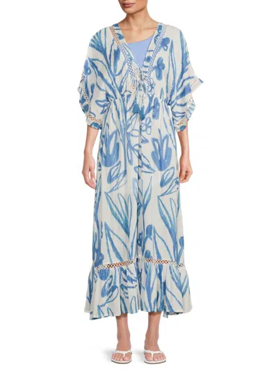 La Moda Clothing Women's Floral Cotton Cover-up Maxi Dress In Blue