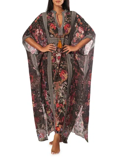 La Moda Clothing Women's Floral Tassled Cover Up Caftan In Vivid Blood