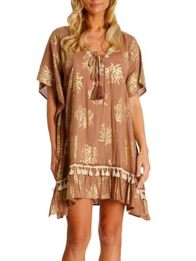 La Moda Clothing Women's Foil-print Tassel-tie Cover-up Minidress In Brown