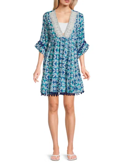 La Moda Clothing Women's Geometric Printed Lace Trim Cover-up Minidress In Blue