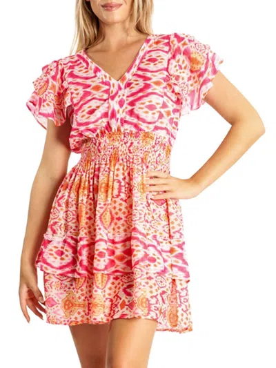 La Moda Clothing Women's Ikat Print Smocked Mini A-line Dress In Pink Multi