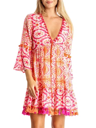 La Moda Clothing Women's Ikat Tassel Mini A-line Cover Up Dress In Pink Multi