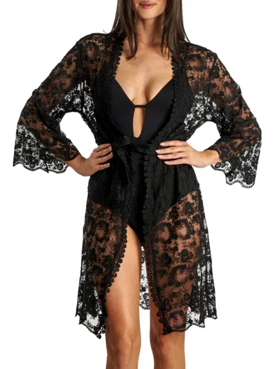 La Moda Clothing Women's Lace Belted Cover Up Robe In Black