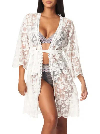 La Moda Clothing Women's Lace Belted Cover Up Robe In White