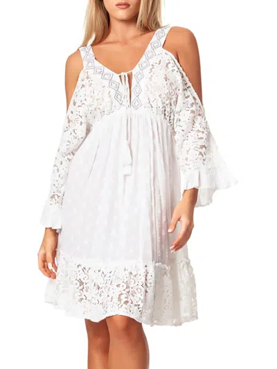 La Moda Clothing Women's Lace Cold Shoulder Cover Up Dress In White