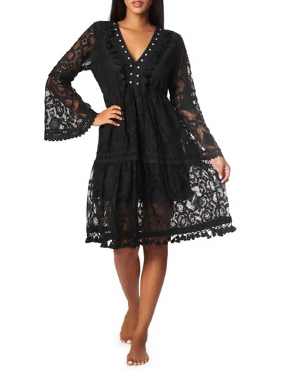La Moda Clothing Women's Lace Tassel Cover Up Dress In Black