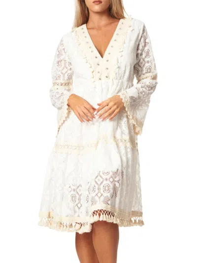 La Moda Clothing Women's Lace Tassel Cover Up Dress In White