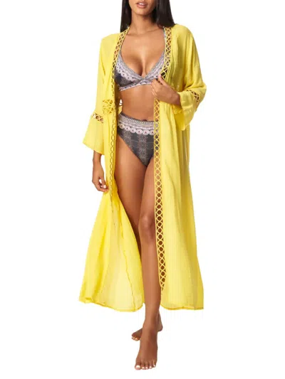 La Moda Clothing Women's Lace Trim Open Front Longline Cover Up In Yellow