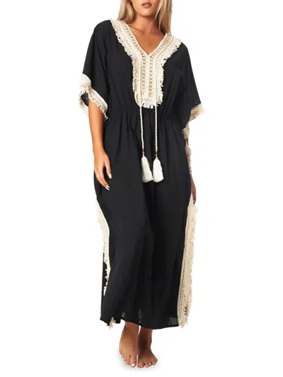 La Moda Clothing Women's Lace Trim Tassel Cover Up Caftan In Black