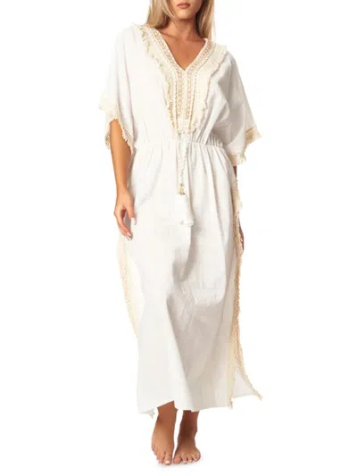 La Moda Clothing Women's Lace Trim Tassel Cover Up Caftan In White