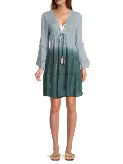 La Moda Clothing Women's Metallic Trim Ombré Cover-up Minidress In Green
