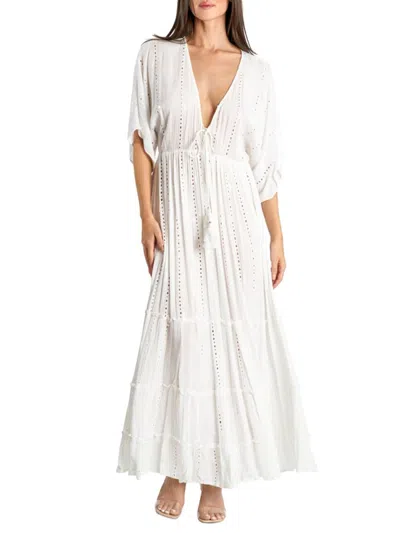 La Moda Clothing Women's Pointelle Tiered Maxi Dress Cover-up In White