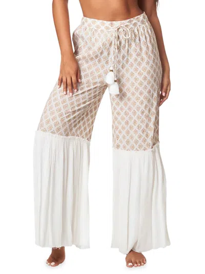 La Moda Clothing Women's Print Drawstring Flare Cover Up Pants In White