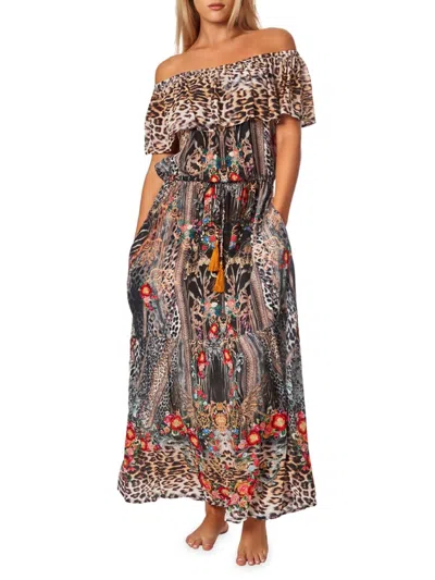 La Moda Clothing Women's Print Off Shoulder Cover Up Dress In Eclectic Jungle