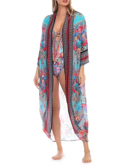 La Moda Clothing Women's Print Open Front Kimono Coverup In Blue Multi