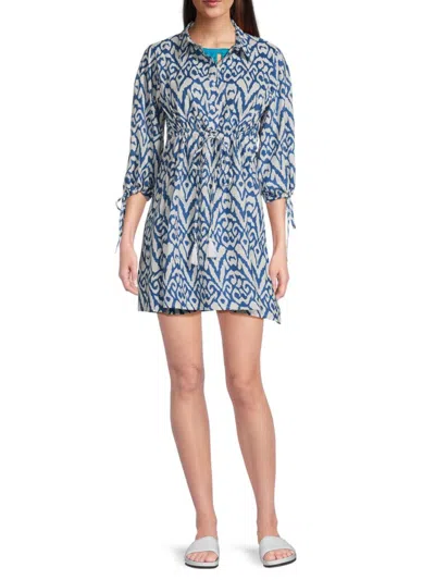 La Moda Clothing Women's Printed Cotton Drawstring Cover-up Minidress In Blue