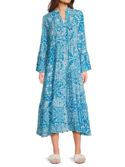 La Moda Clothing Women's Printed Cotton Midi Cover Up Dress In Blue