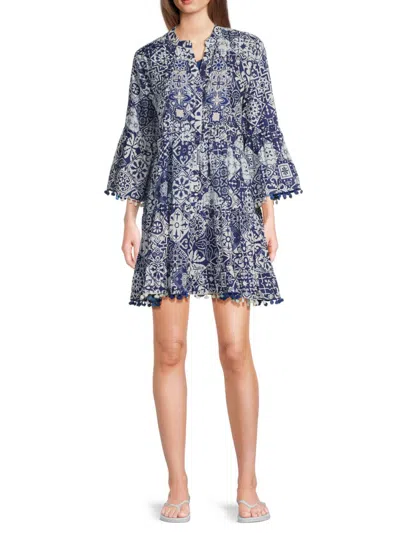 La Moda Clothing Women's Printed Cotton Mini Cover Up Dress In Blue