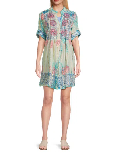 La Moda Clothing Women's Printed Cotton Mini Cover Up Dress In Blue