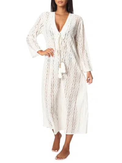 La Moda Clothing Women's Semi Sheer Lace Maxi Cover Up Dress In White